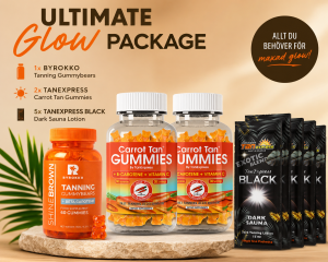 🔥 Ultimate Glow Package – Shine Brown Gummies + 2x Carrot Tan Gummies + 5 st TanExpress BLACK På Köpet (Bonusvärde 200 kr!)