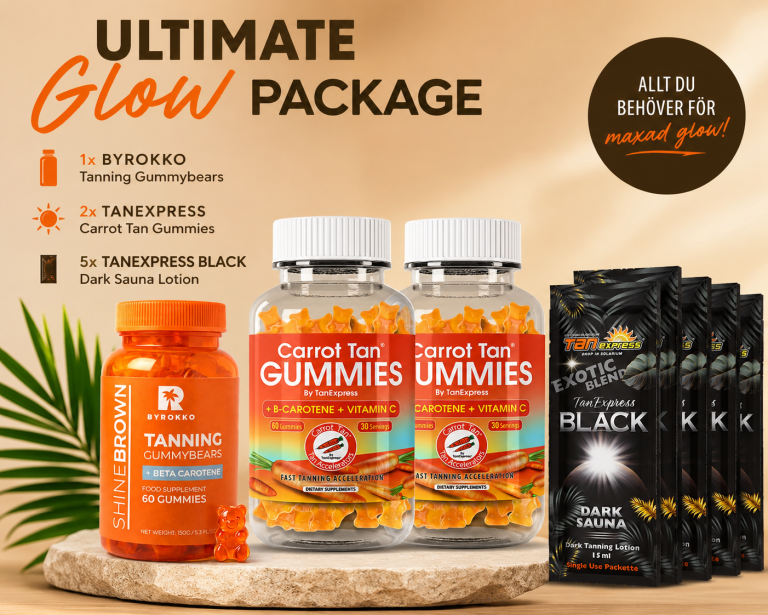 🔥 Ultimate Glow Package – Shine Brown Gummies + 2x Carrot Tan Gummies + 5 st TanExpress BLACK På Köpet (Bonusvärde 200 kr!)