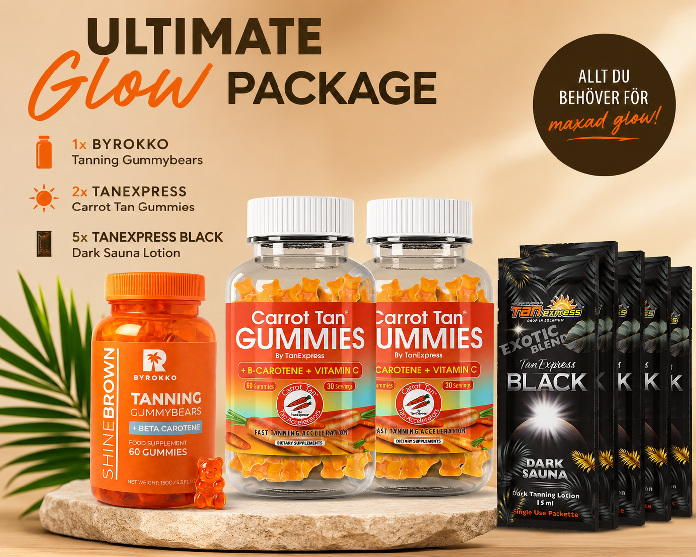 đ„ Ultimate Glow Package â Shine Brown Gummies + 2x Carrot Tan Gummies + 5 st TanExpress BLACK PĂ„ Köpet (BonusvĂ€rde 200 kr!)