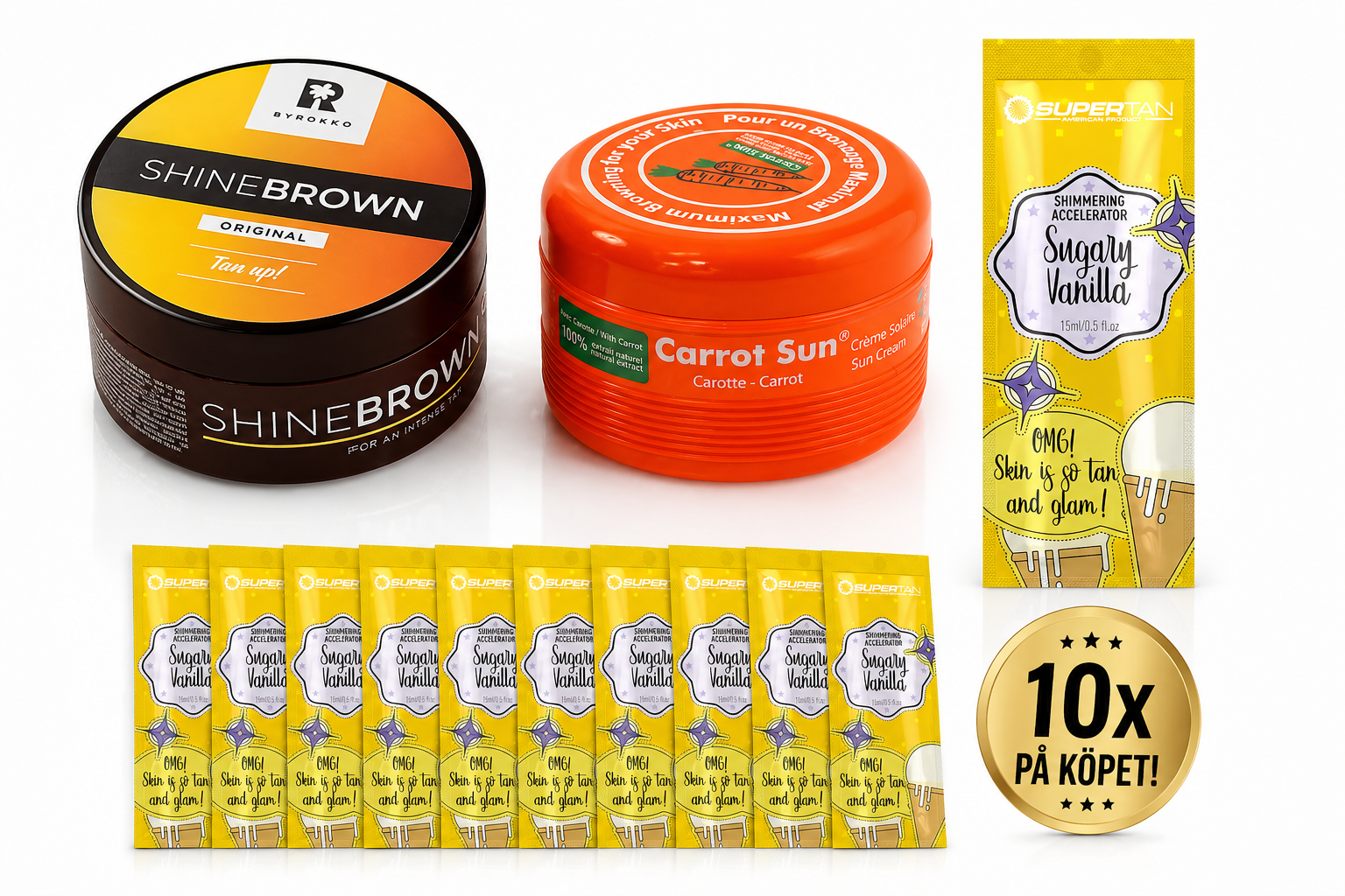 Exklusivt Tanningpaket – Carrot Sun + Shine Brown + 10 st Sugary Vanilla På Köpet (Värde 500 kr!)